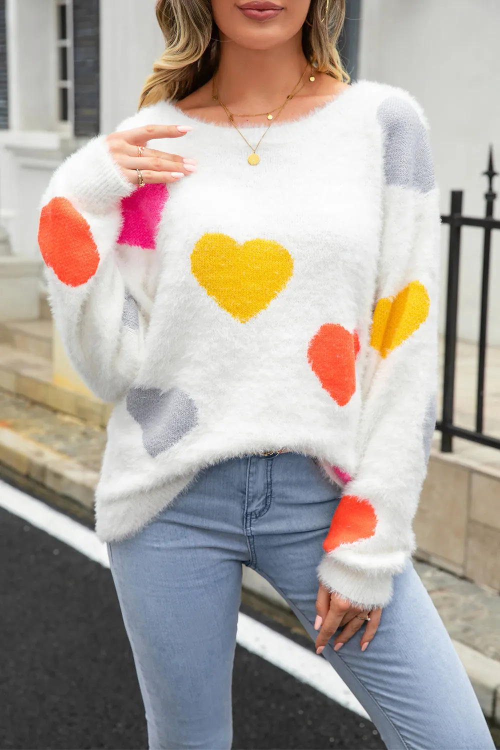 Maxct &Heart Pattern Round Neck Long Sleeve Sweater