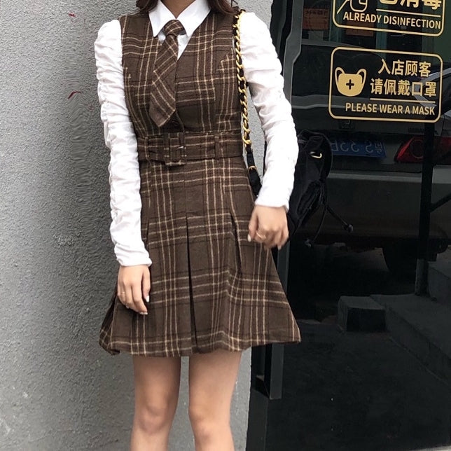 Coffee Plaid Pinafore Dress / Blouse Maxct