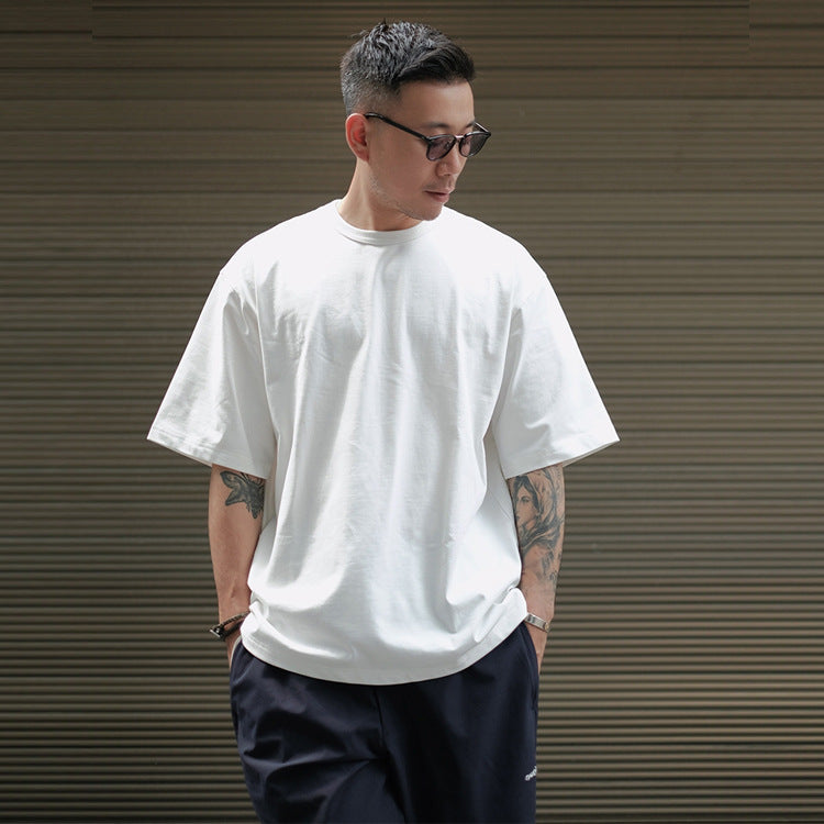 Maxct minimalist fashion men Japanese Style Heavy Cotton Men's round Neck Short Sleeve T-shirt Loose Red Rope Solid Color Bottoming Shirt Couple Half Sleeve Top