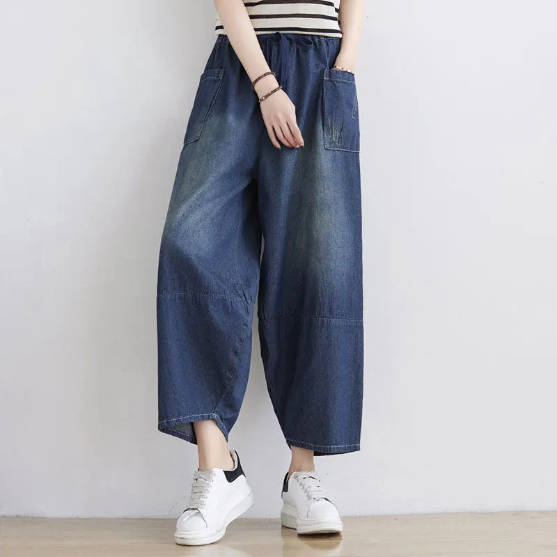 Women Spring Summer Retro Loose Denim Pants