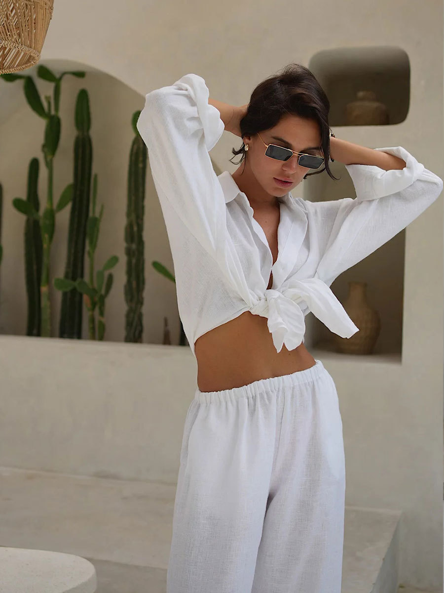White Casual Cotton Linen Trousers Suit Women's Loose Long Sleeve Shirt Top Elastic Waist Pants Female Outfits Autumn New