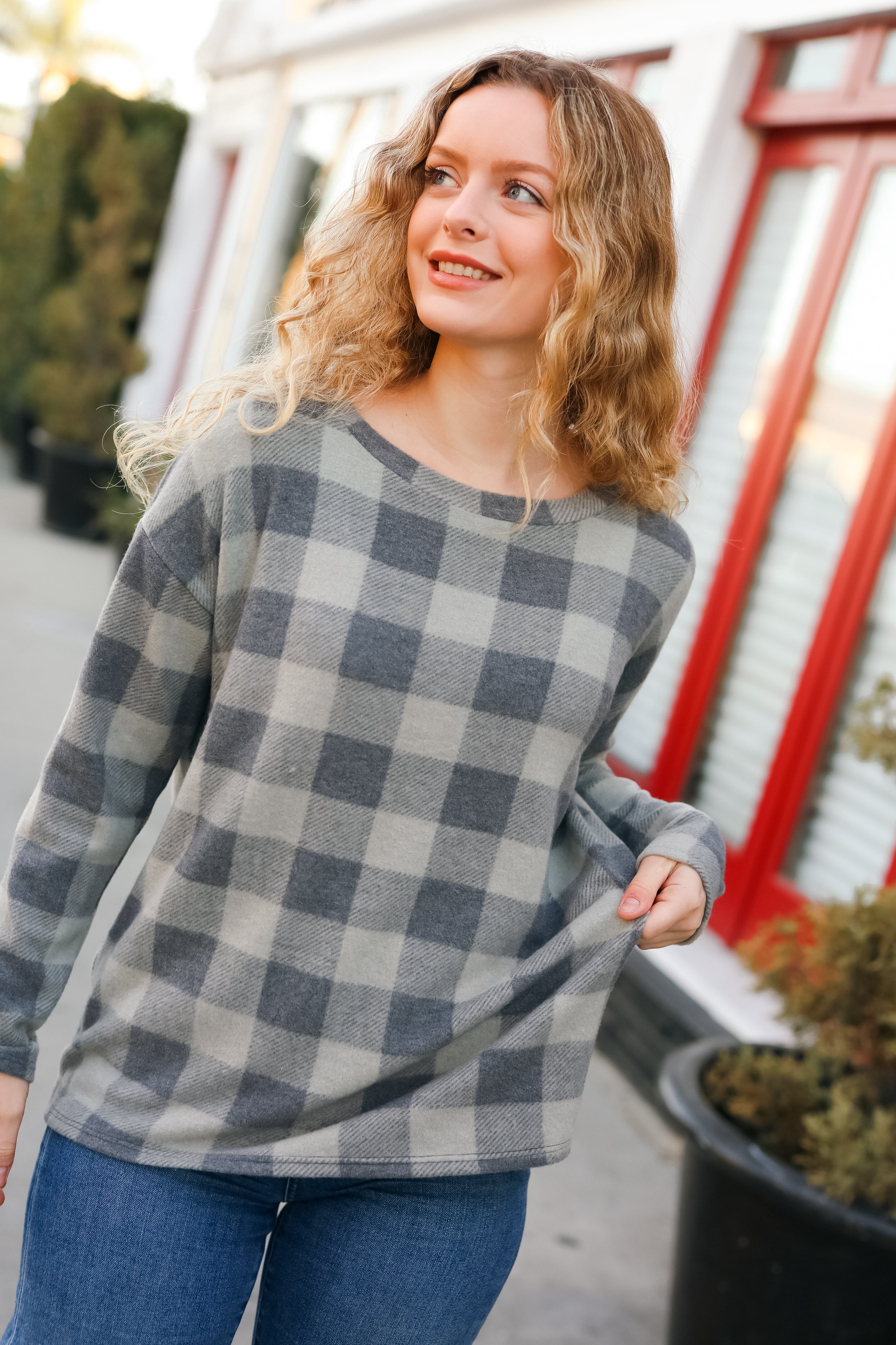 Maxct &Check It Out Olive Grey Checker Plaid Hacci Pullover