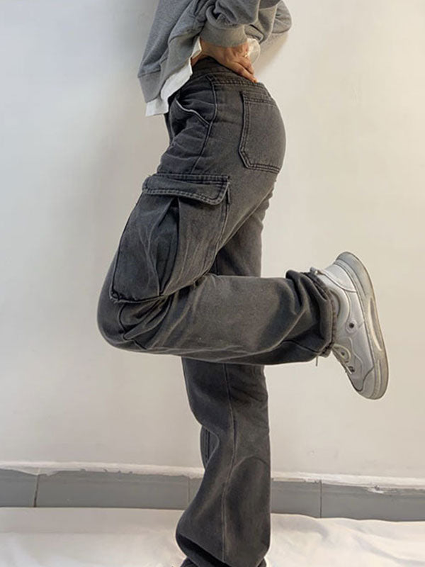 Washed Mid Waist Pocket Cargo Jeans Maxct