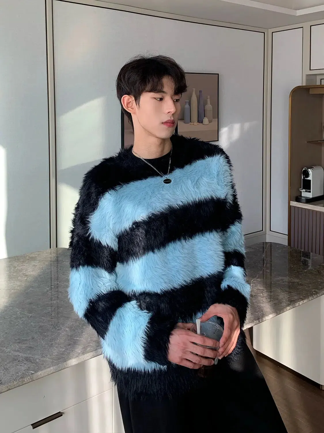 Maxct Faux Mink Plush Striped Sweater