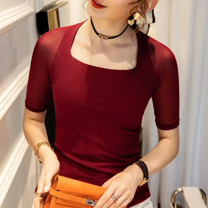 Maxct Summer Vintage Short Sleeve Tee Square Collar T-shirt Girls Solid Stretchy Black Mesh TShirts Tops For Women