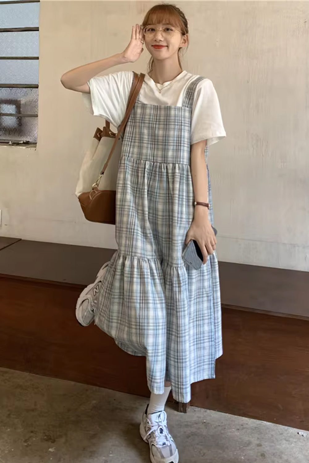 Square Collar Lovely Plaid Long Dress Maxct