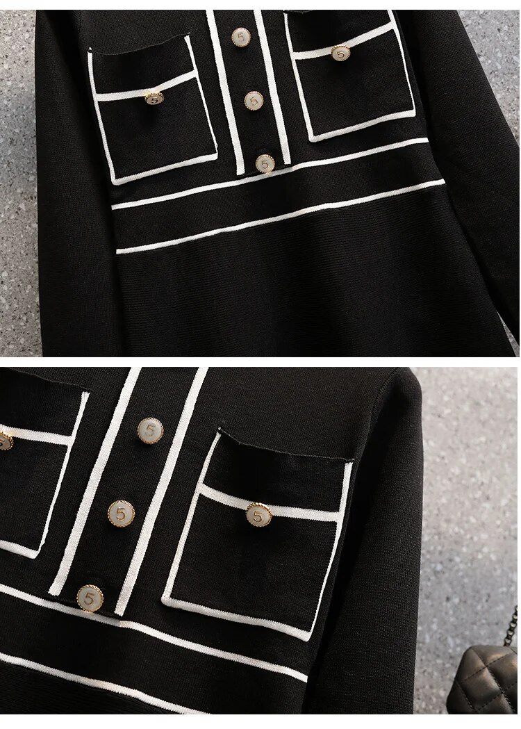 Maxct Size Autumn Winter Striped Patchwork Knitted Dress Elegant Women O Neck Button Long Sleeve White Sweater Dresses 4XL