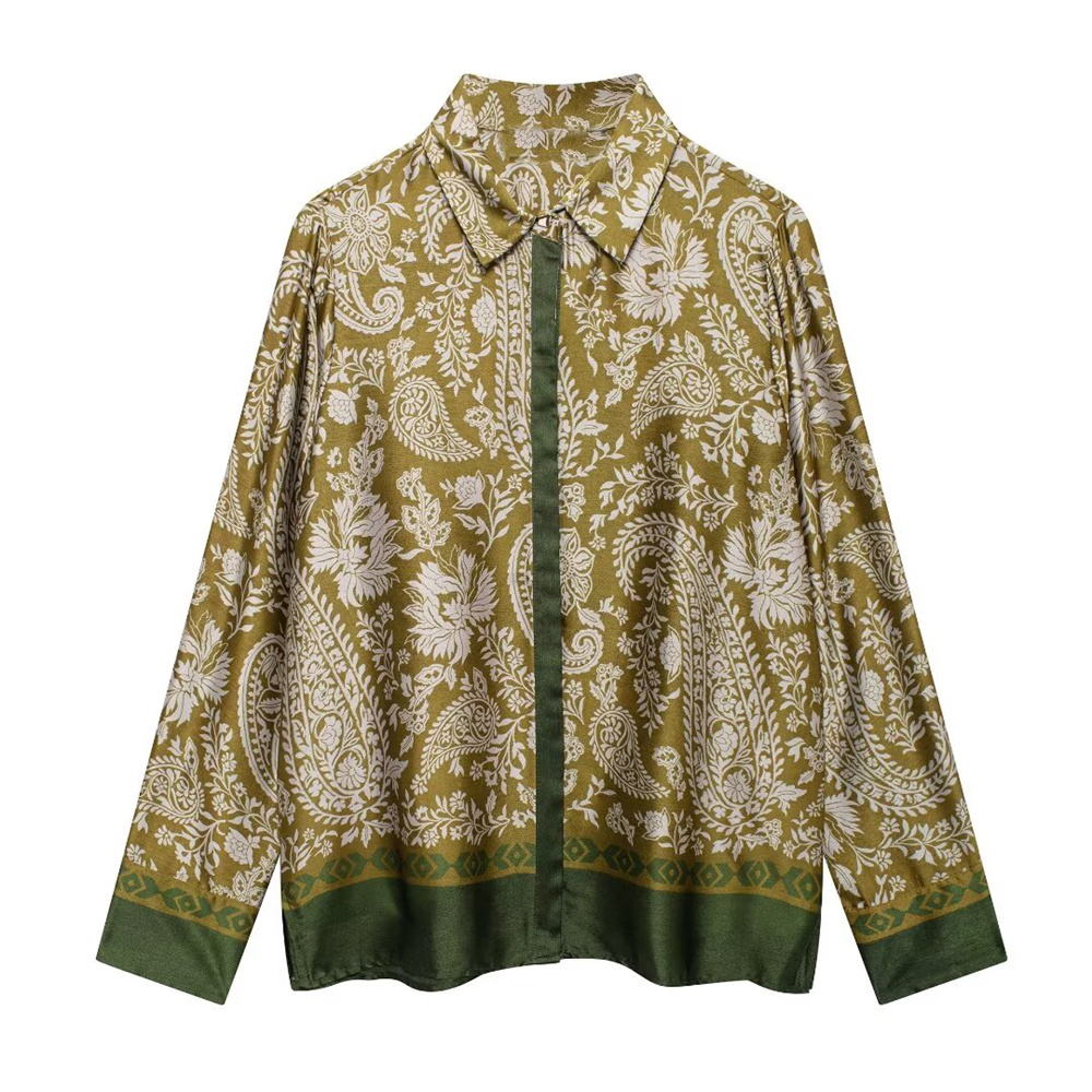 Autumn New Women's Fashion Versatile Collar Long Sleeve Shirt Silk Texture Printed Pants Casual Set