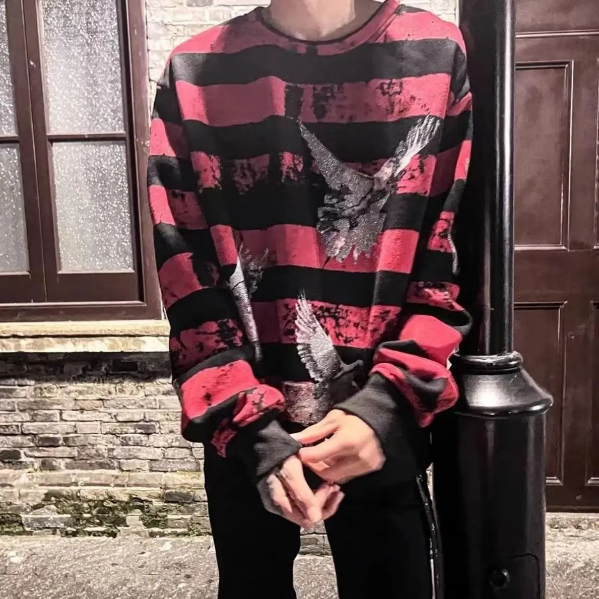 Maxct High street-inspired pigeon-print long-sleeved pullovers sweatshirts men women street tie-dye stripe panels versatile harajuku