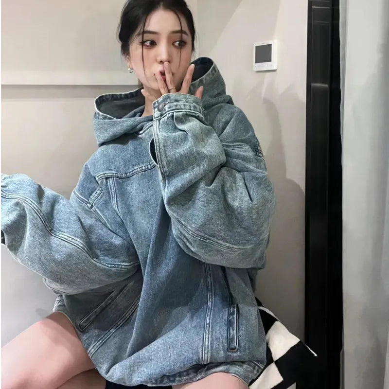 Y2K Women's Loose Denim Hoodies Sweatshirt Maxct