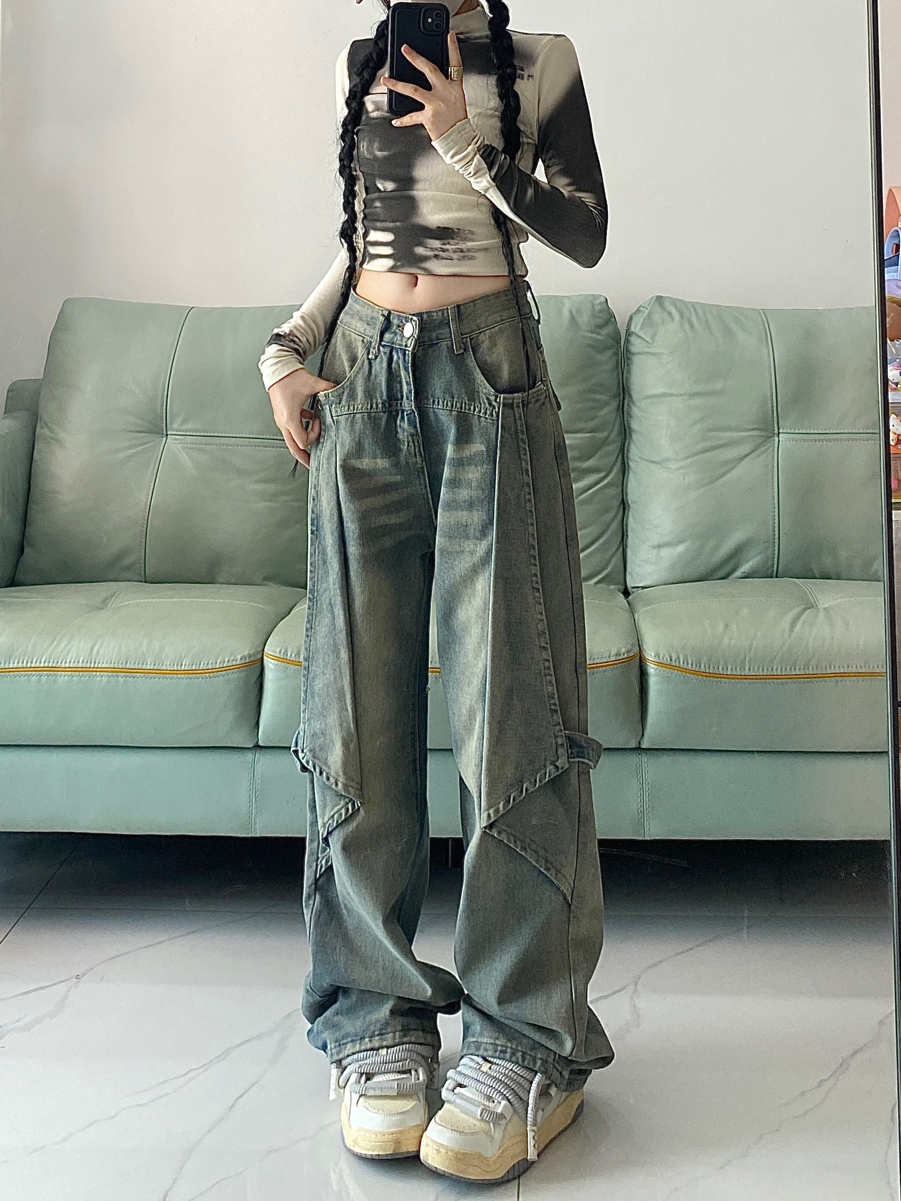 Baggy Blue Jeans High Waist Wide Leg
