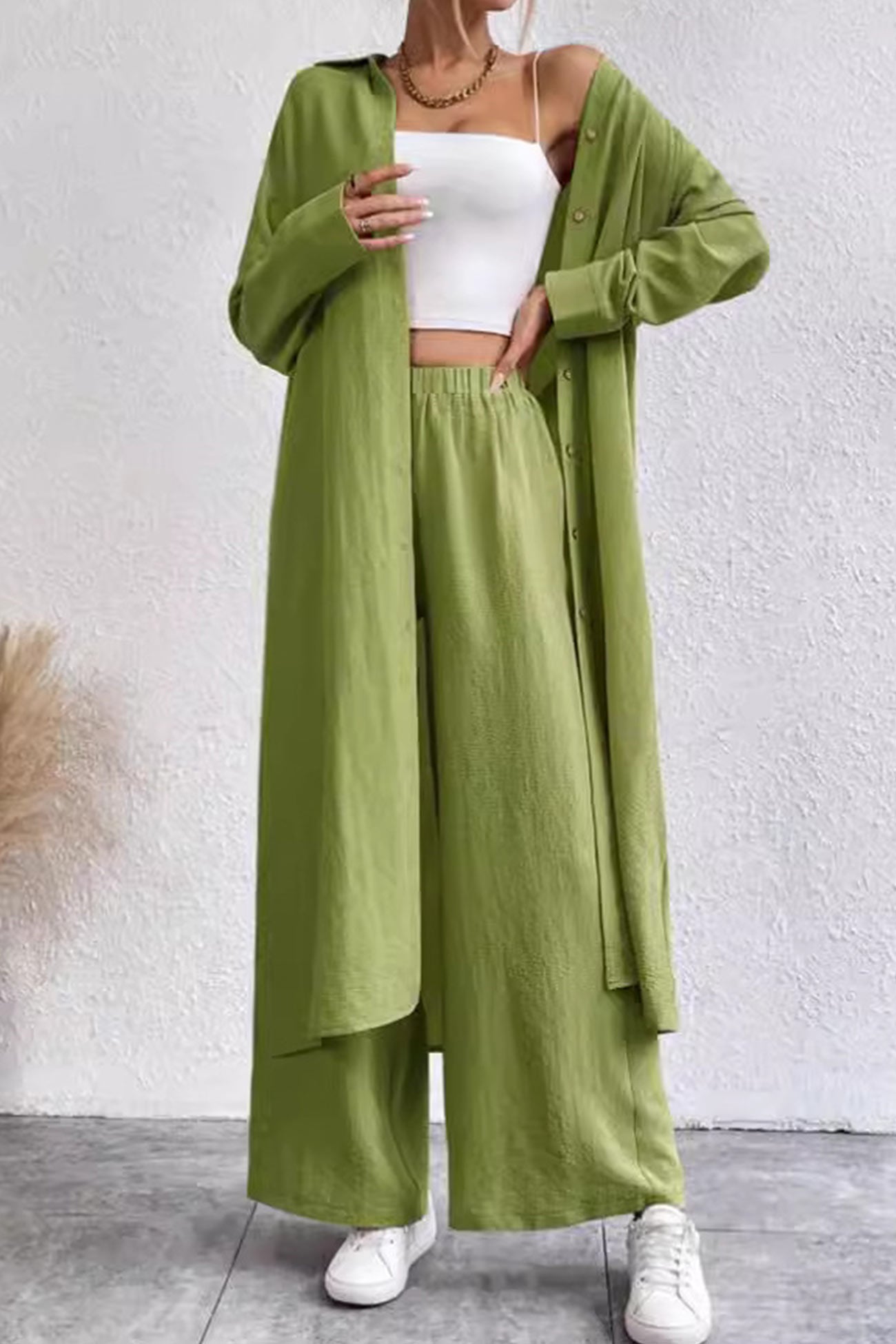 Maxct Solid Long Shirt Wide Leg Pants Set