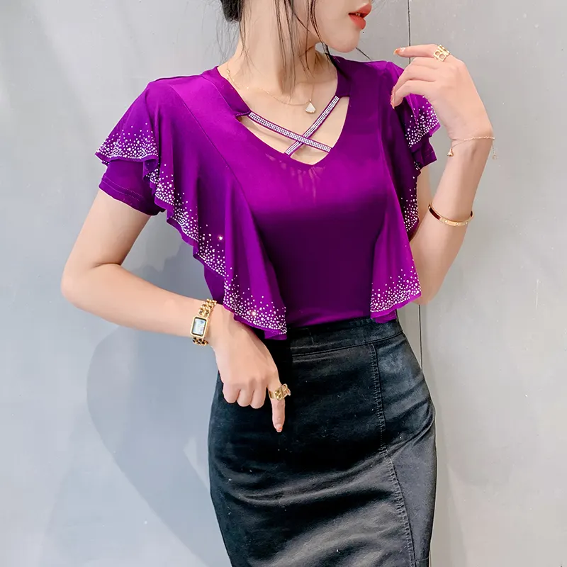 Maxct Ruffles Mesh T Shirts Women's Short Sleeve Fake Diamonds Crossed V Neck T-shirts Female Elegant Tops Tees BH6038