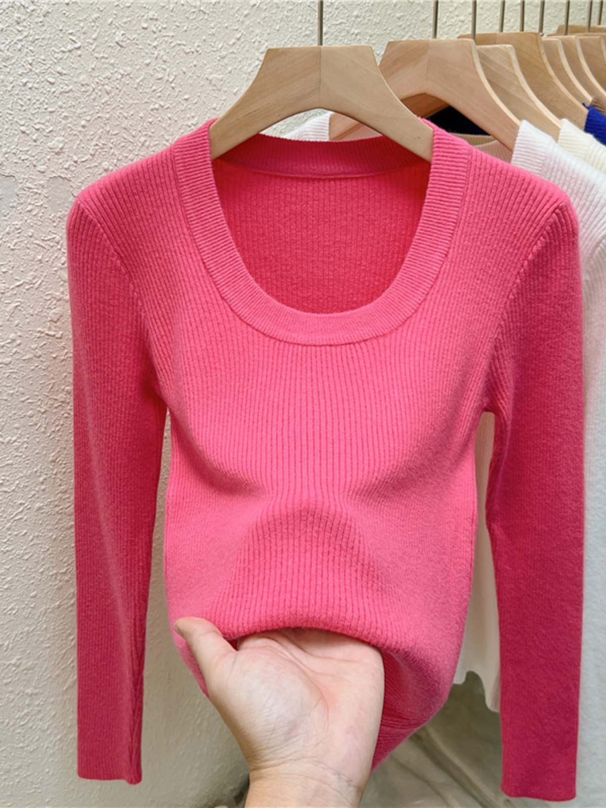 Maxct Photos U-neck Knitted Sweater For Women's Autumn Long Sleeved Top Girls Simple Base Jumper GT8311