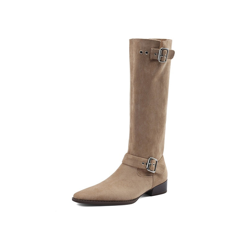 Womens Suede Knee High Boots with Buckles Maxct