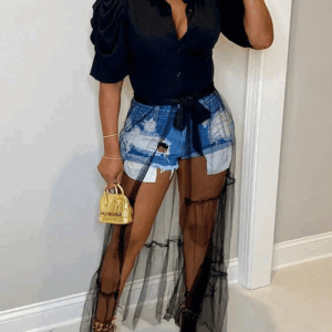 V-neck Shirt Mesh Patchwork Dress Maxct