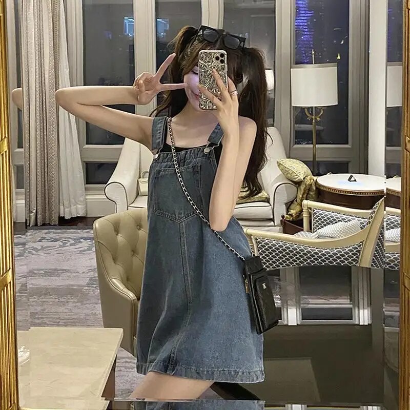 Maxct Korean 2000s Fashion Denim Dresses for Large Women Plus Size Summer Casual Teen Strap Retro Jeans Loose Overall Dress Women