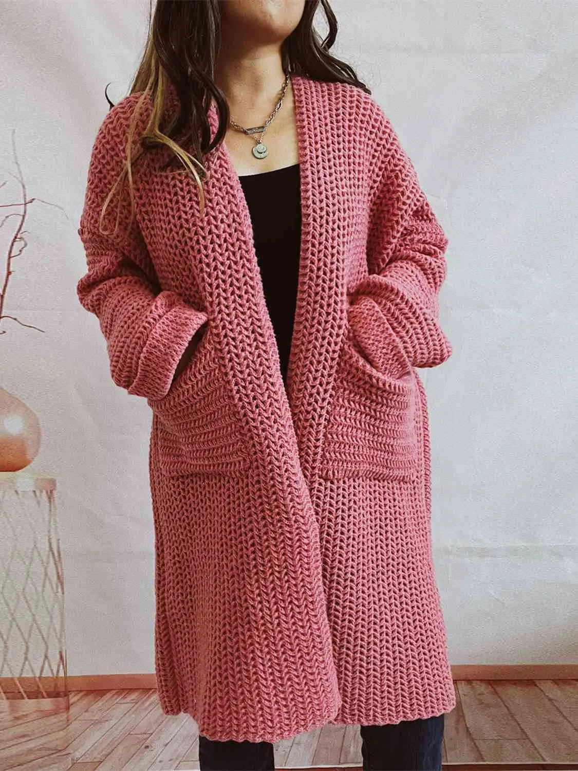 Maxct &Open Front Long Sleeve Cardigan with Pockets