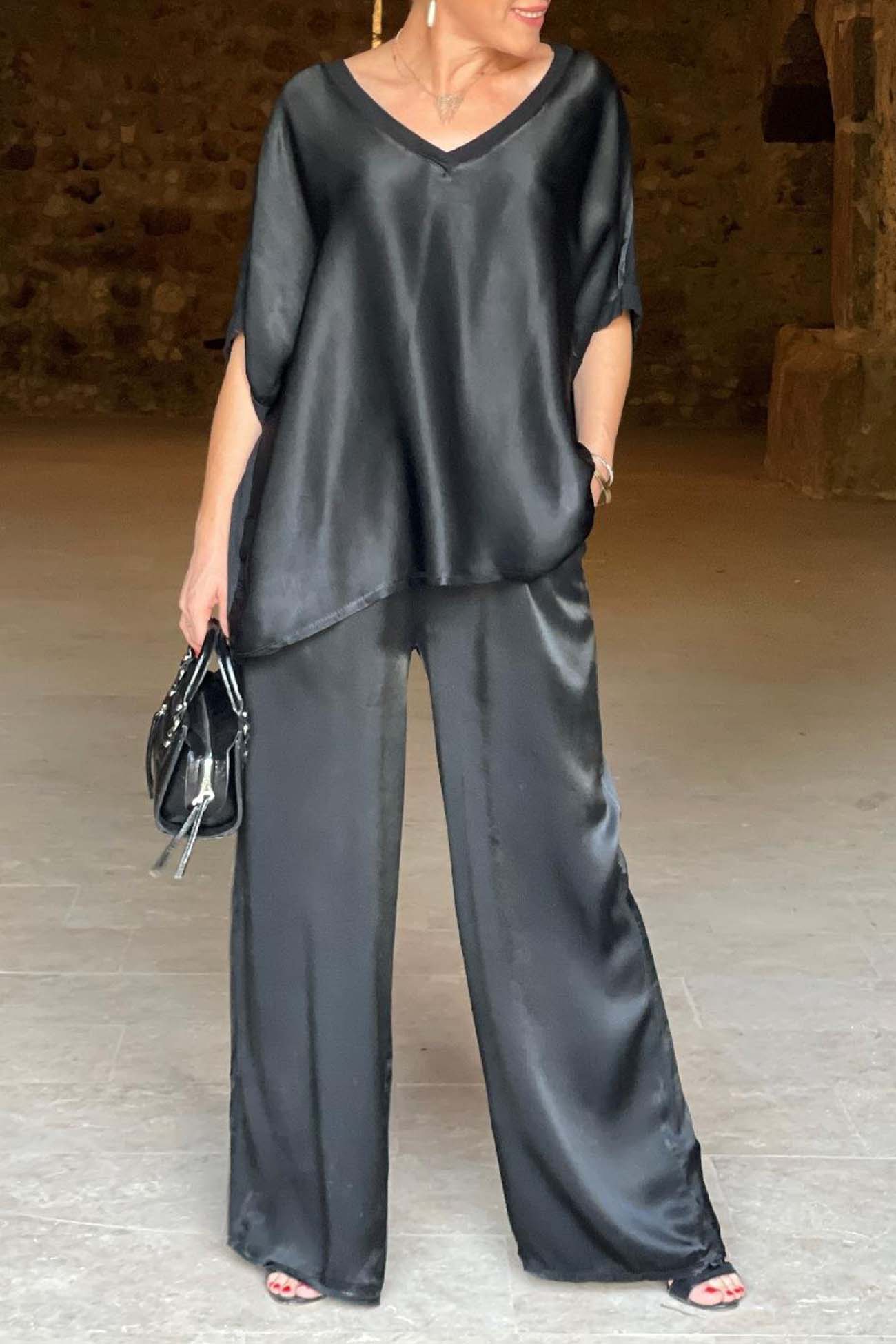 Maxct Satin V Neck Half Sleeve Long Pant Set