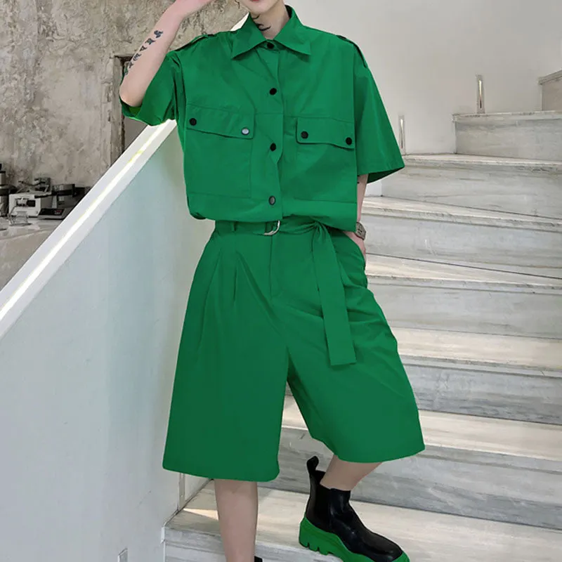 Maxct Single Breasted Shirt And Belted Shorts Set