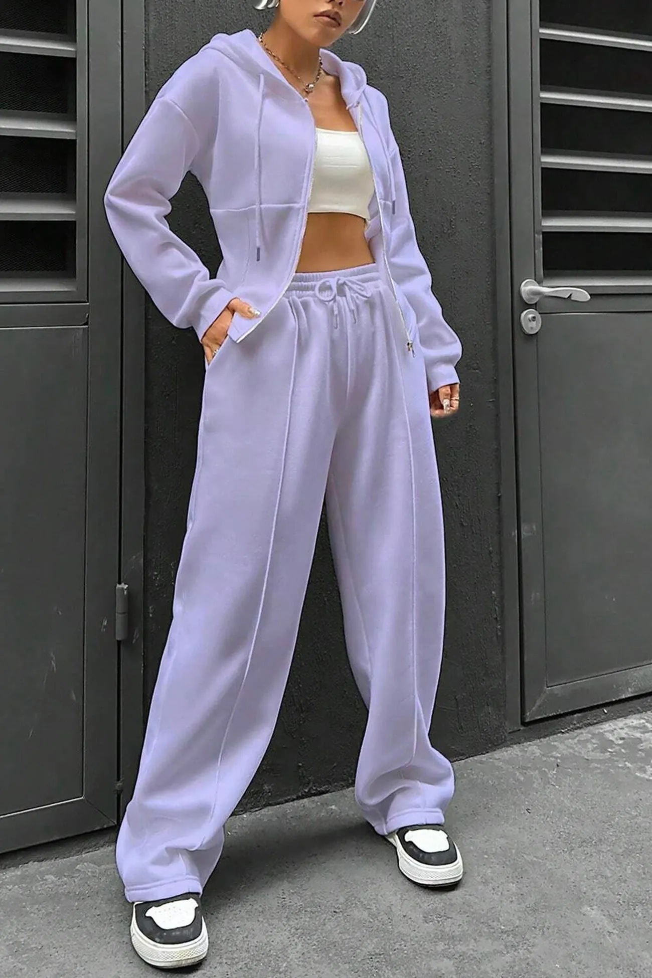 Maxct Solid Slim Fit Hoodie Pants Suits
