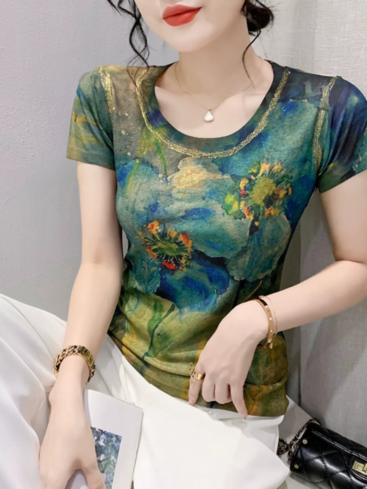 Maxct Summer Fashion Bronzing T-shirts Women's Printed Floral High Stretchy Tops Tees Lady Slim T Shirt