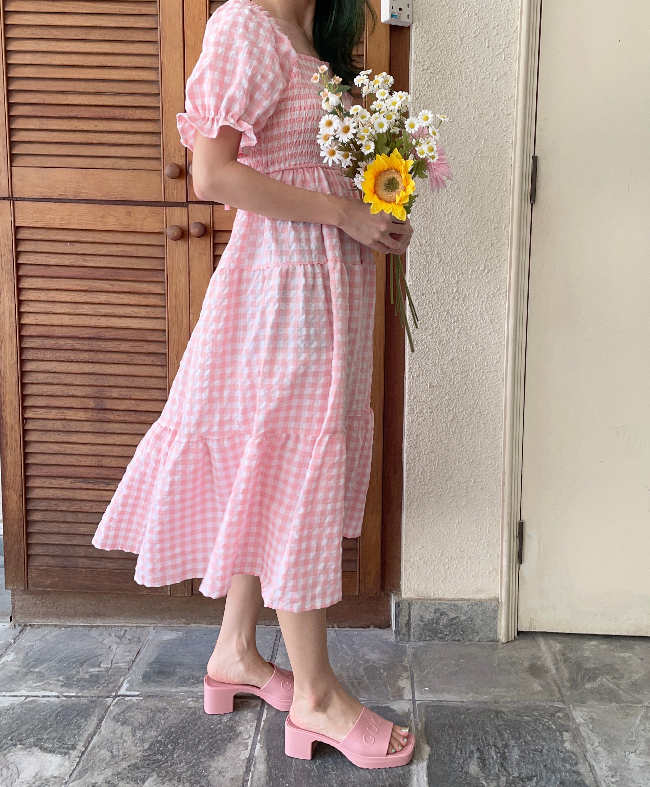 Puff Sleeve Gingham Tiered Dress Maxct