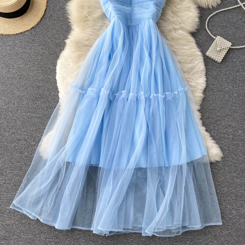 Women's Sexy Mesh Spaghetti Strap Long Dress Summer Orange/Purple/Blue/Pink Ruffle A-Line Beach Robe Female Elegant Party Vestidos