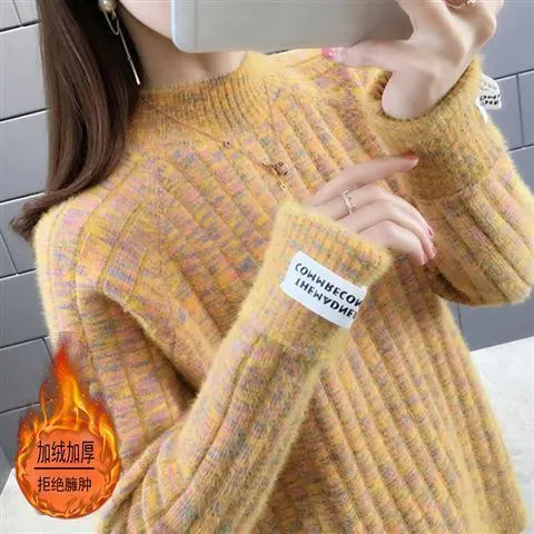 Maxct Winter Half High Collar Imitation Mink Velvet Sweater Female Loose Casual All-match Knitting Jumper Top Women Pullovers