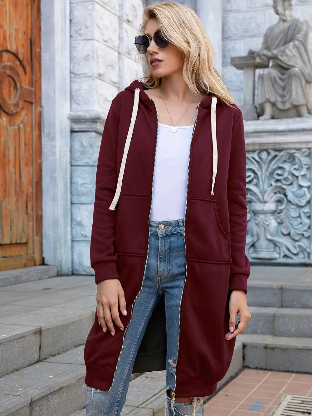 Full Size Zip-Up Longline Hoodie with Pockets - Image 5