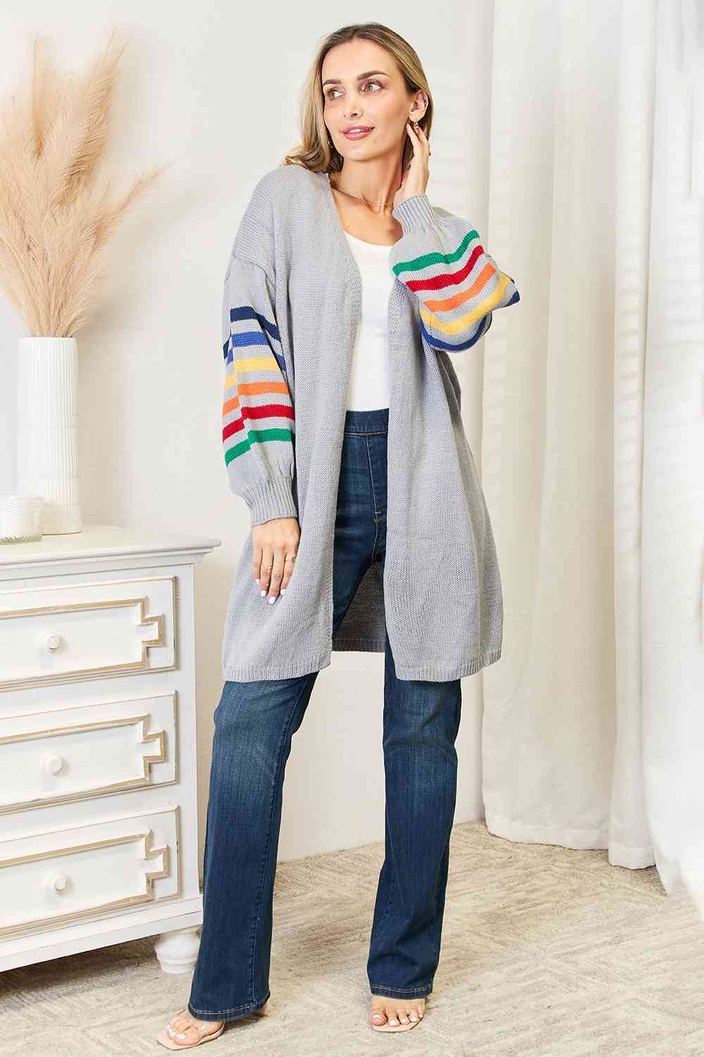 Maxct &Double Take Multicolored Stripe Open Front Longline Cardigan