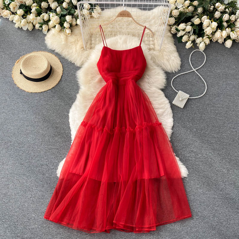 Women's Sexy Mesh Spaghetti Strap Long Dress Summer Orange/Purple/Blue/Pink Ruffle A-Line Beach Robe Female Elegant Party Vestidos