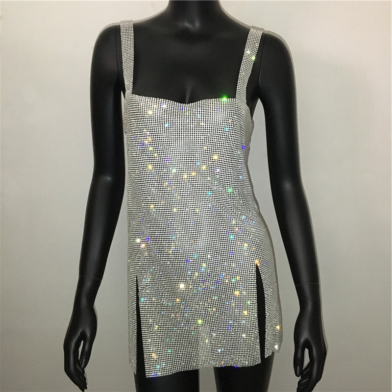 Maxct cybergoth dress to impress Fashion Women's Sexy Low Cut Rhinestone Dress Hot Girl Short Skirt Metal Suspender Dress Gown