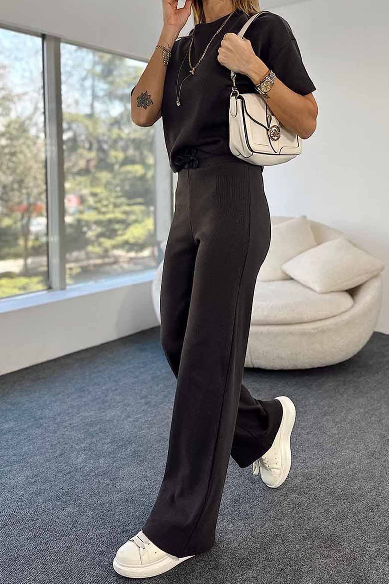 Maxct Ribbed Short Sleeve Drawstring Long Pants Set