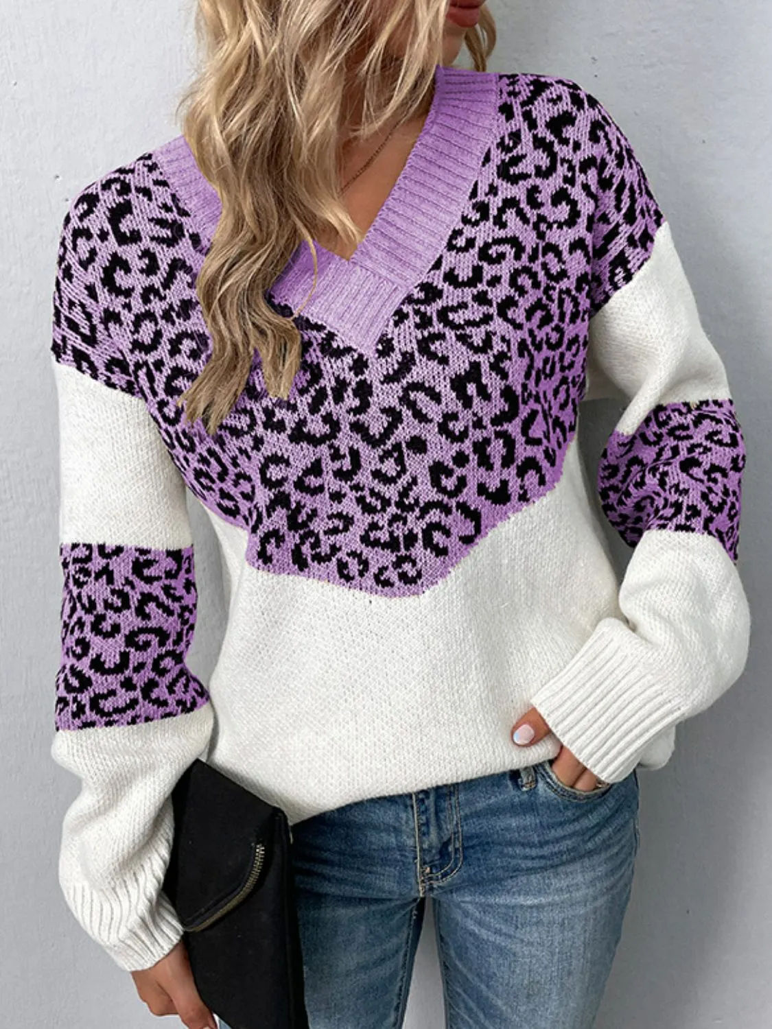 Maxct &Leopard V-Neck Dropped Shoulder Sweater