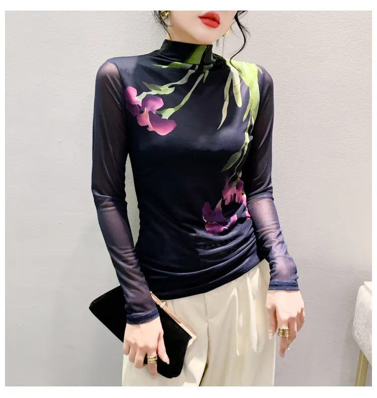 Maxct Printed Positioning Flower Double-Layer Mesh T-shirt Women Stretch Slim Full Sleeve Tees Tops HF8772