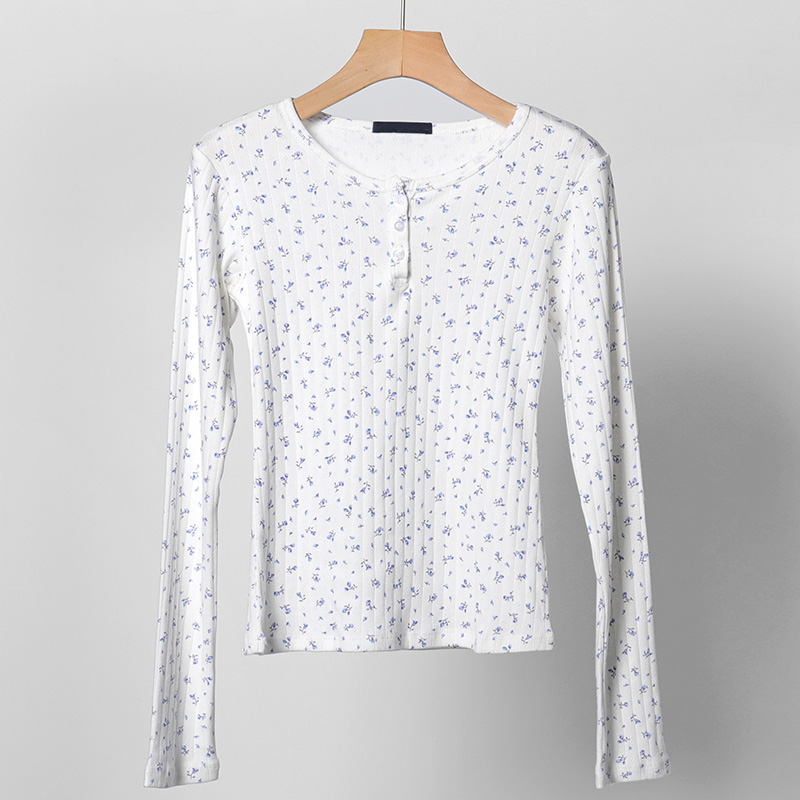Chic Women Sweet Floral Hollow Out T-shirt Ribbed Cotton Long Sleeve Basic Tees Autumn Button Up Slim Fit Crop Top Clothes