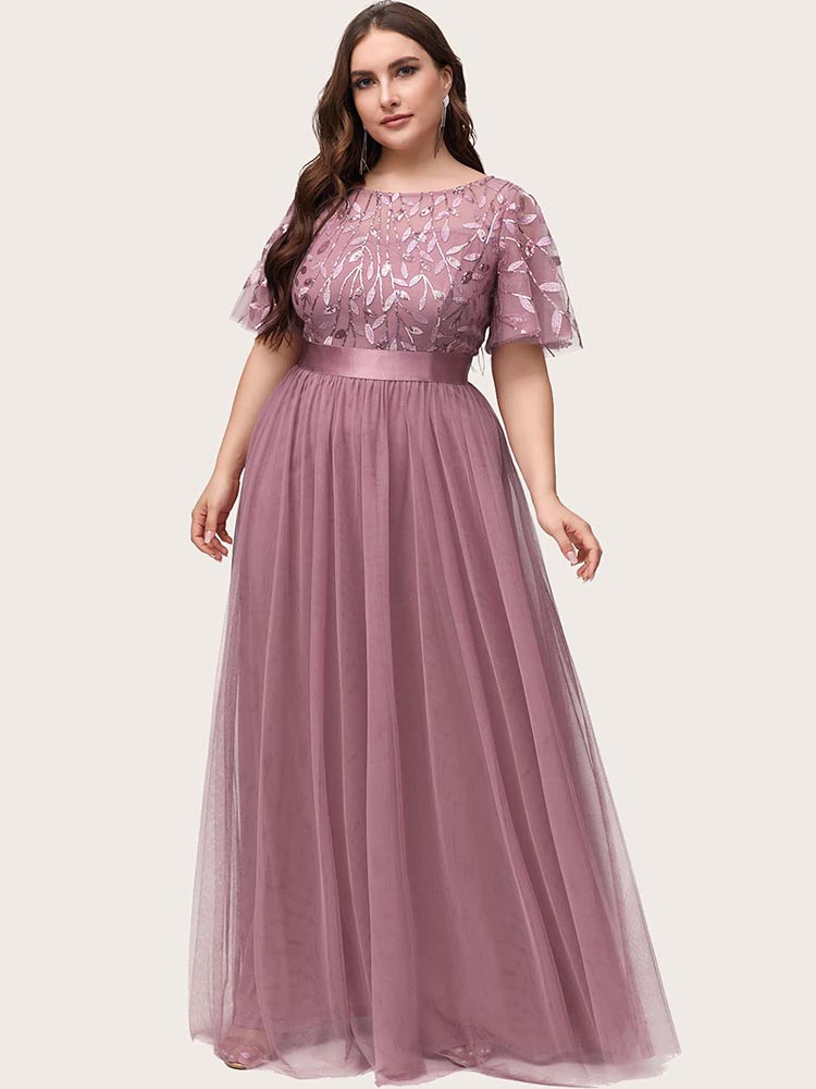 Leaf Sequin Bodice Mesh Party Dress Maxct
