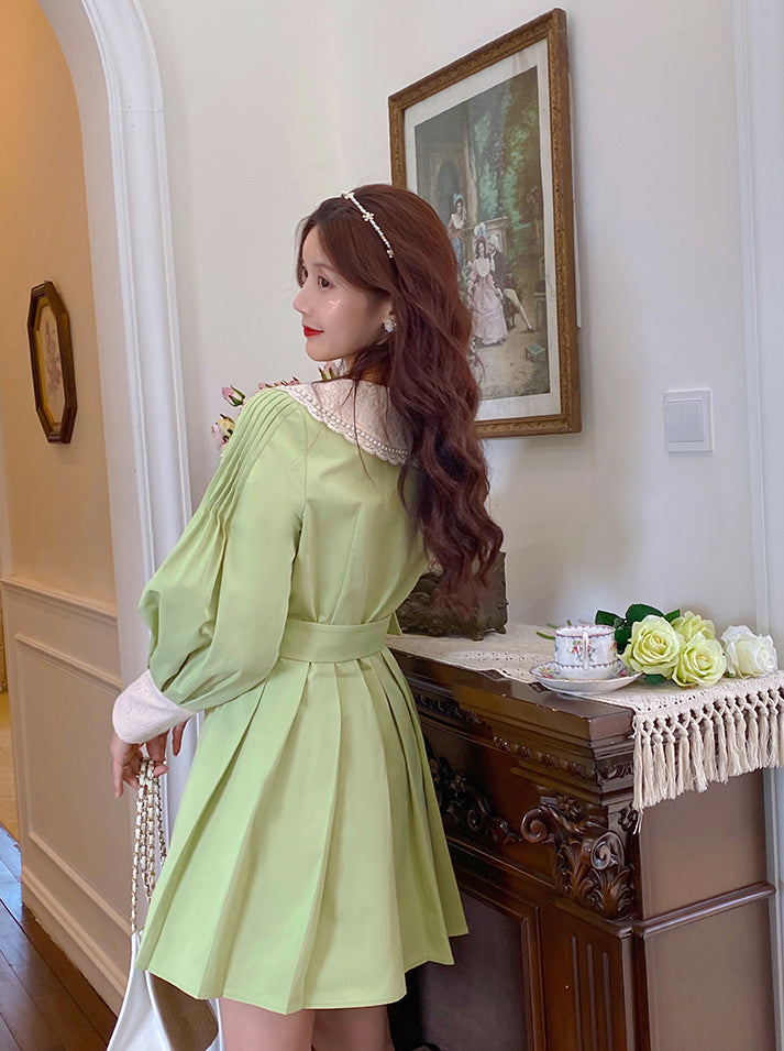 Matcha Peter Pan Pleated Dress Maxct