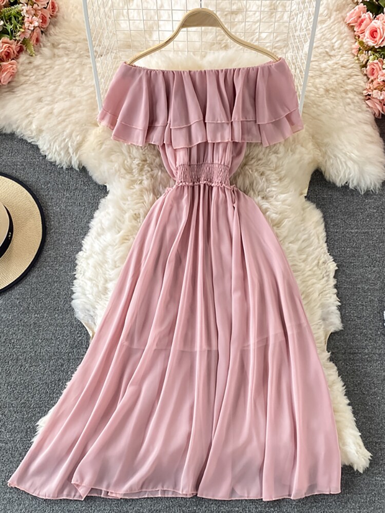 Maxct Chiffon Dress Women Sexy Slash Neck Ruffle Robe Elegant Ruffle High Waist Vestidos Female Beach Vacation New