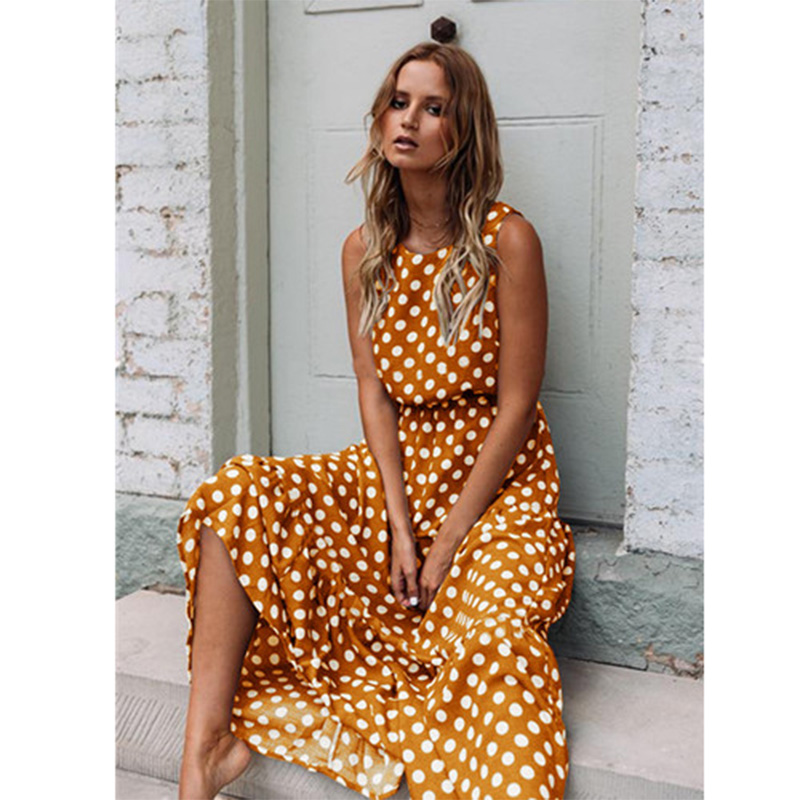 Maxct Sleeveless Polka Dot Print Women Midi Dress Casual Fashion Dresses A-Line Boho Elegant Beach Long Dress Vestidos