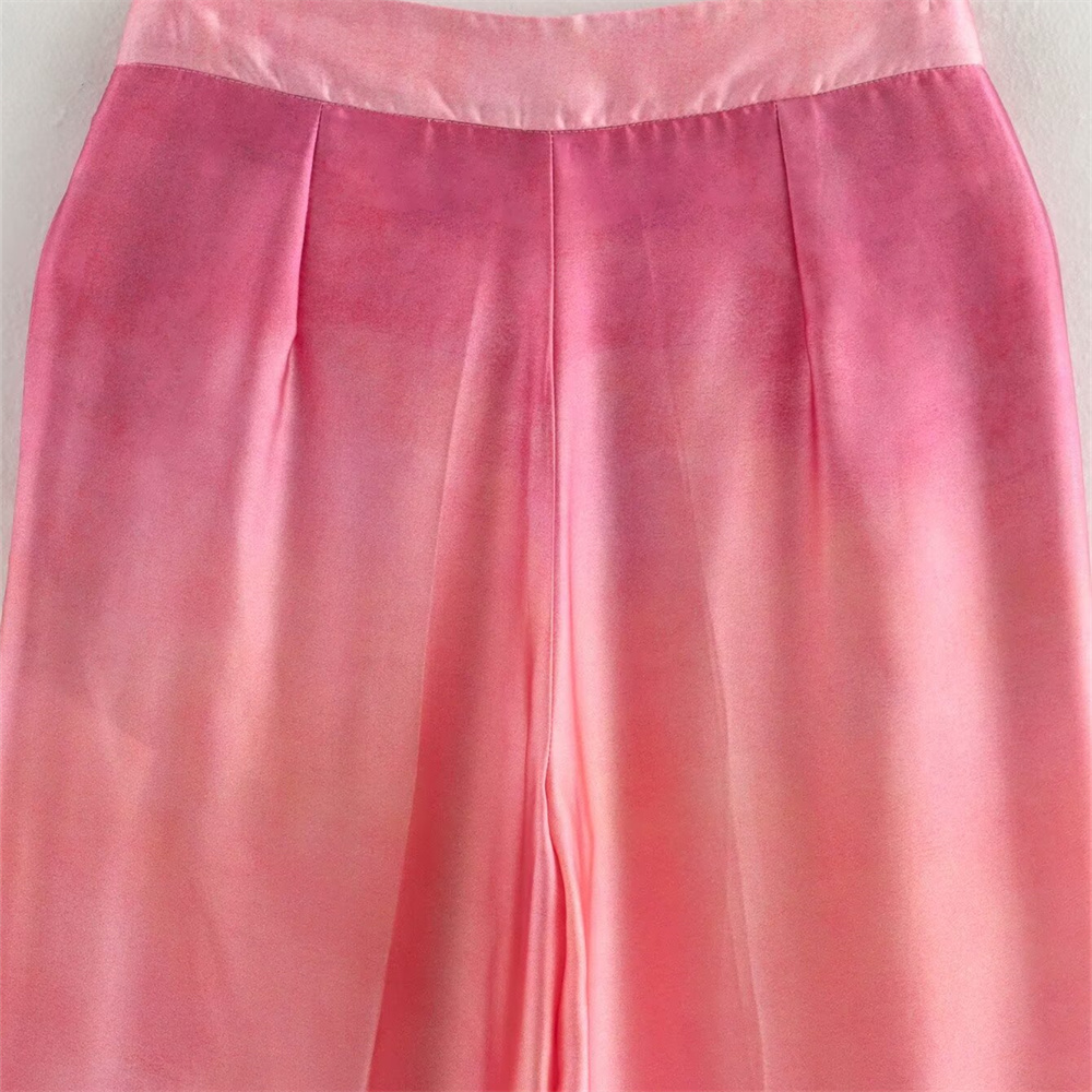 Autumn New Product Women's Fashion Silk Texture Tie Dyeing Printed Shirt High Waist Wide Leg Pants Set