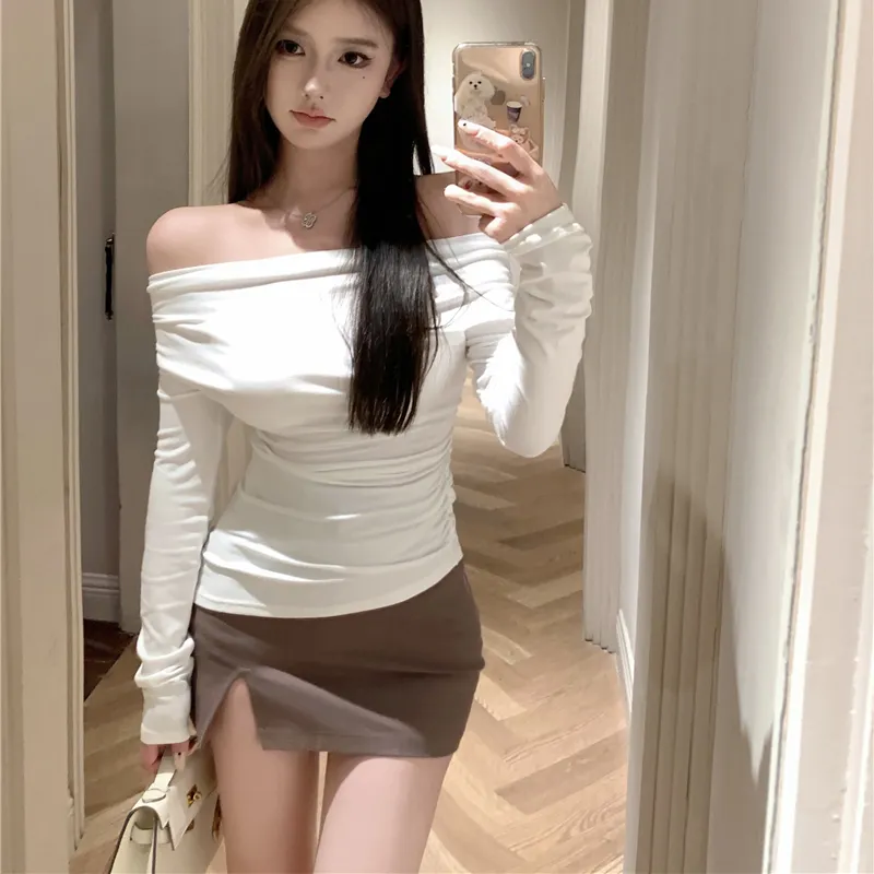 Black Solid Slash Neck Elegant Long Sleeve Tops Fashion Slim Sexy Cropped T Shirt Skinny Women Y2k Clothing Autumn Casual Shirts