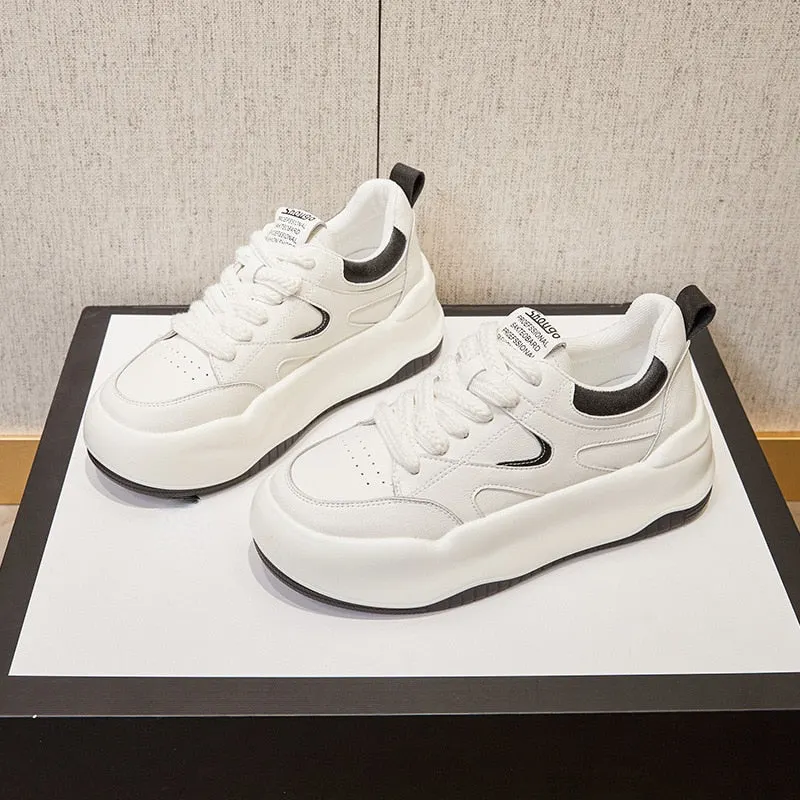 Stylish Women's White Leather Chunky Trainers with 6cm Heel Maxct