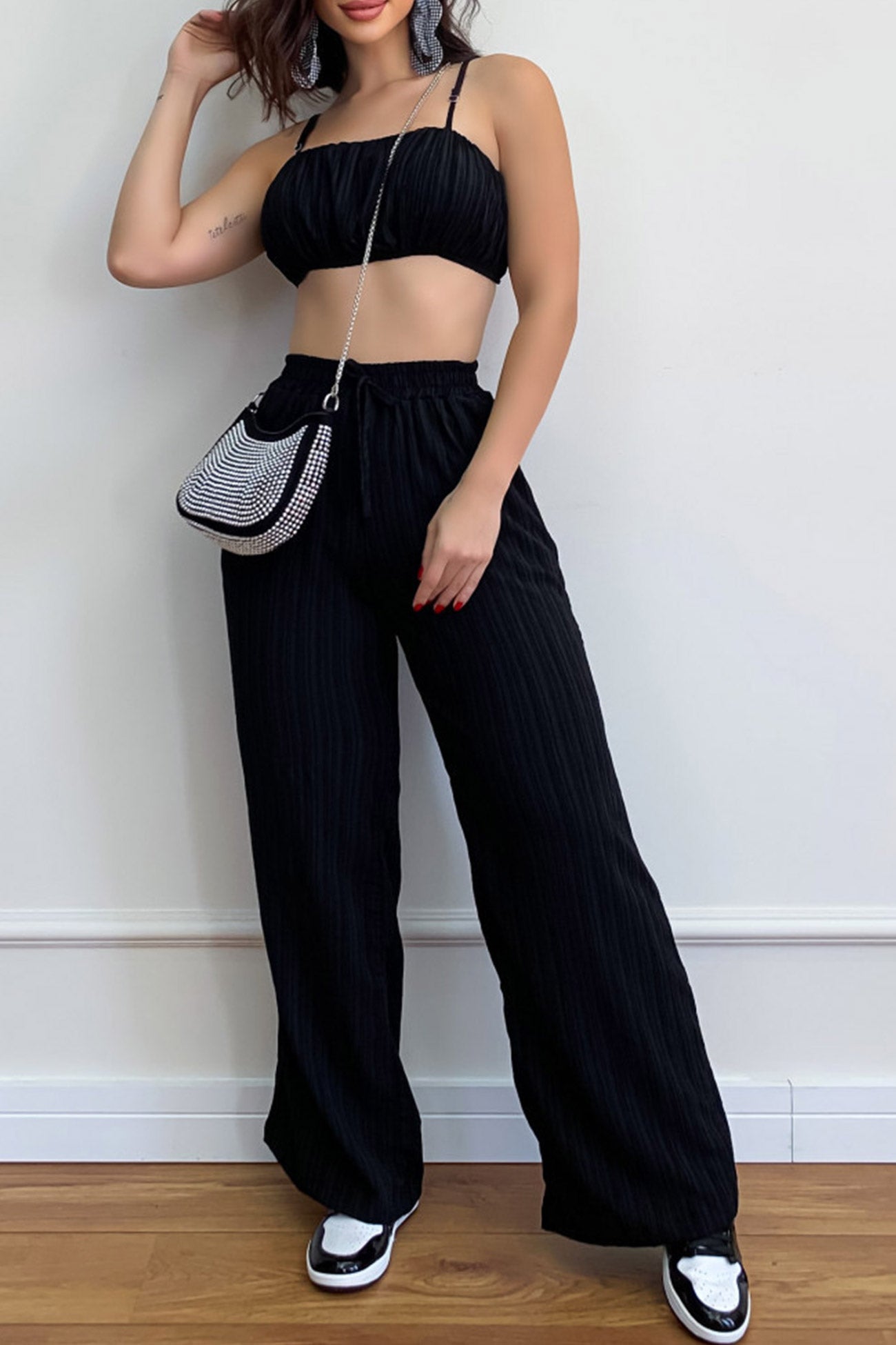 Maxct-Pleated Smocked Vest Drawstring Long Pants Suits
