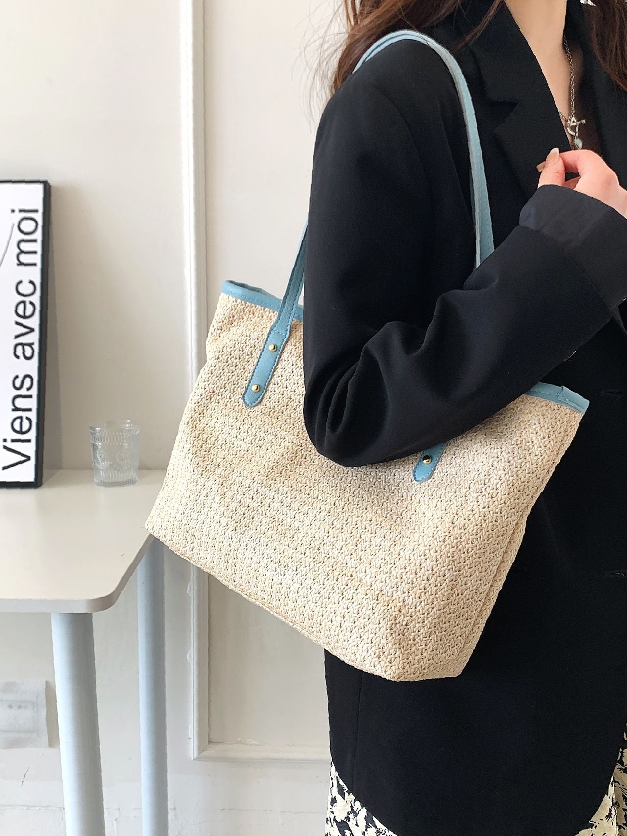 Maxct - Studded Decor Contrast Binding Straw Bag  - Women Tote Bags
