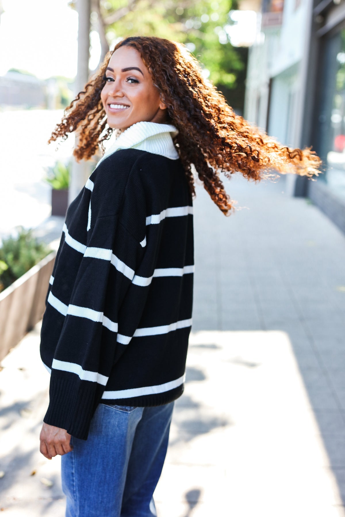 Maxct &Fall For You Black Stripe Notched Neck Collared Oversized Sweater