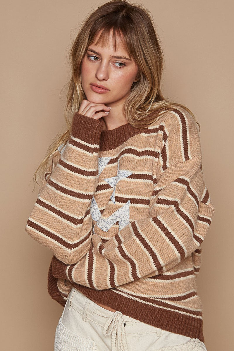 Maxct &POL Star Patch Stripe Round Neck Sweater