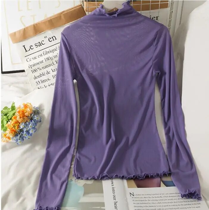Maxct T Shirts Women Transparent Tops Long Sleeve Slim Turtleneck Stretchy T-Shirt Autumn Tees