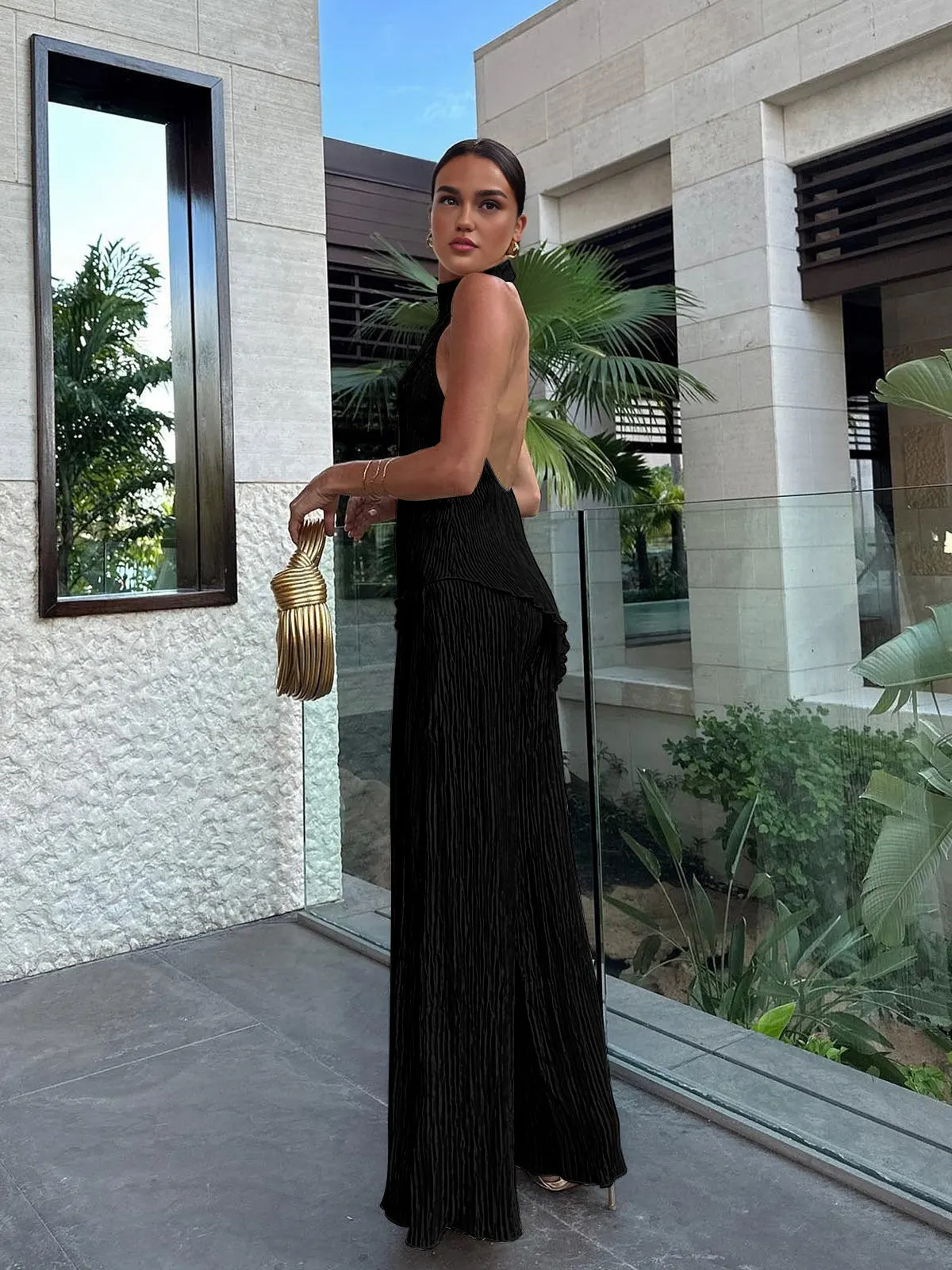Maxct Asymmetric Halter Crop Top With Wide Leg Pants Set